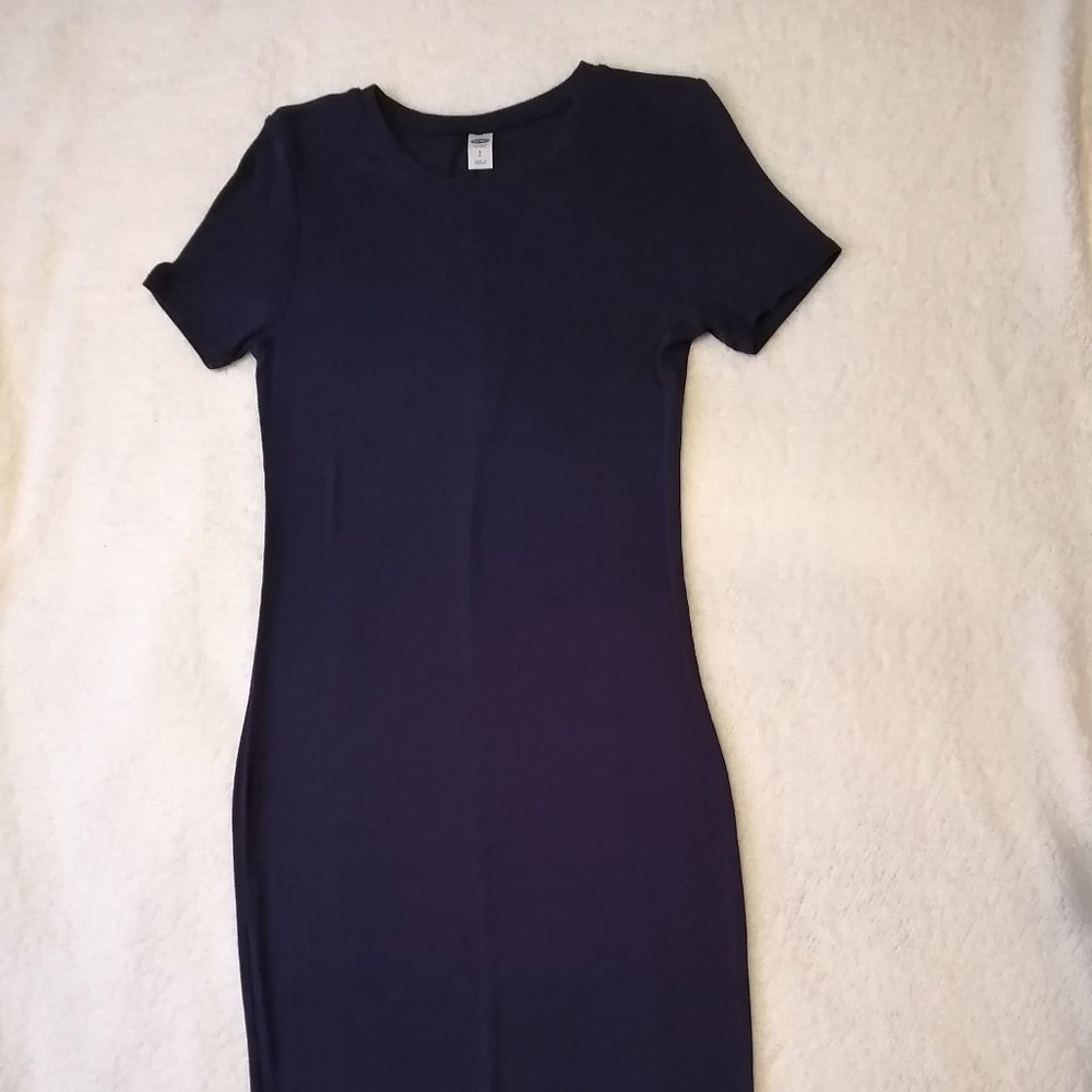 Navy blue midi body con knit dress